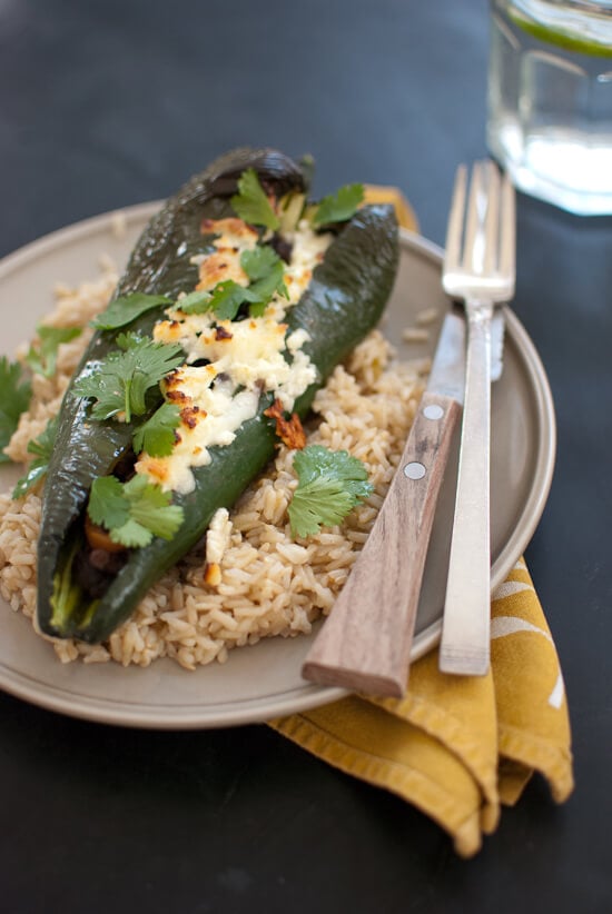 Beer bean-stuffed poblano peppers