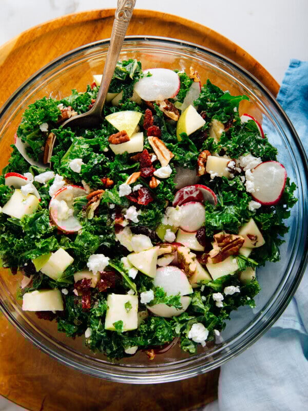 Deb's kale salad with apple, pecans and goat cheese