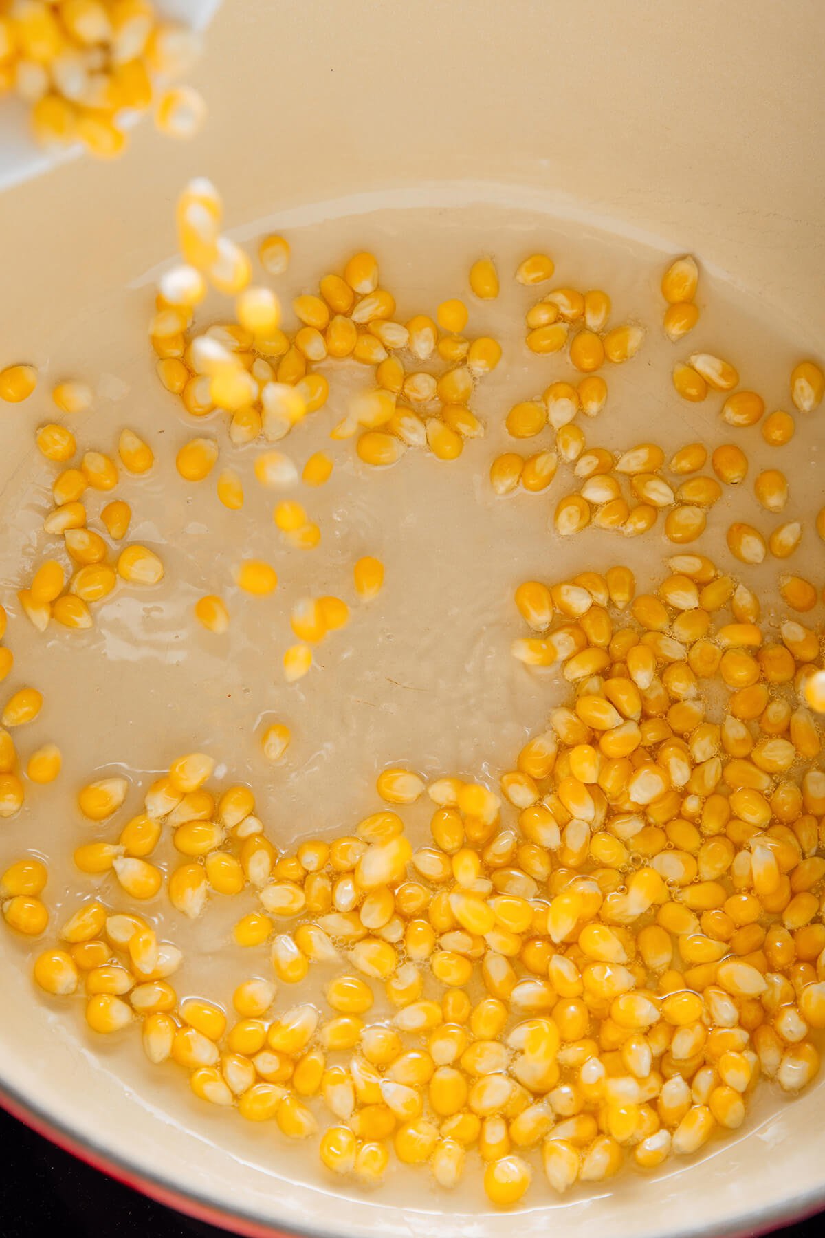 popcorn kernels added to pot