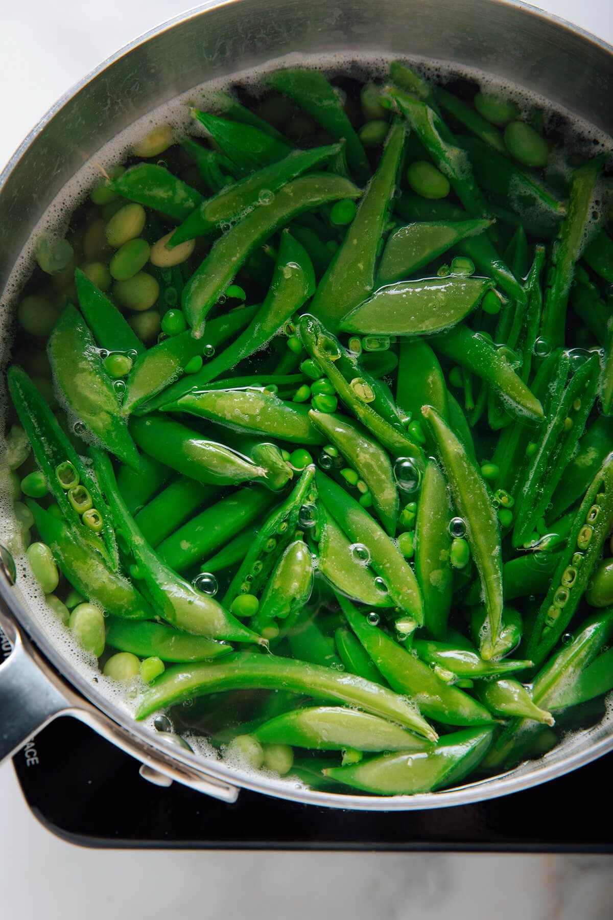simmering snap peas and edamame