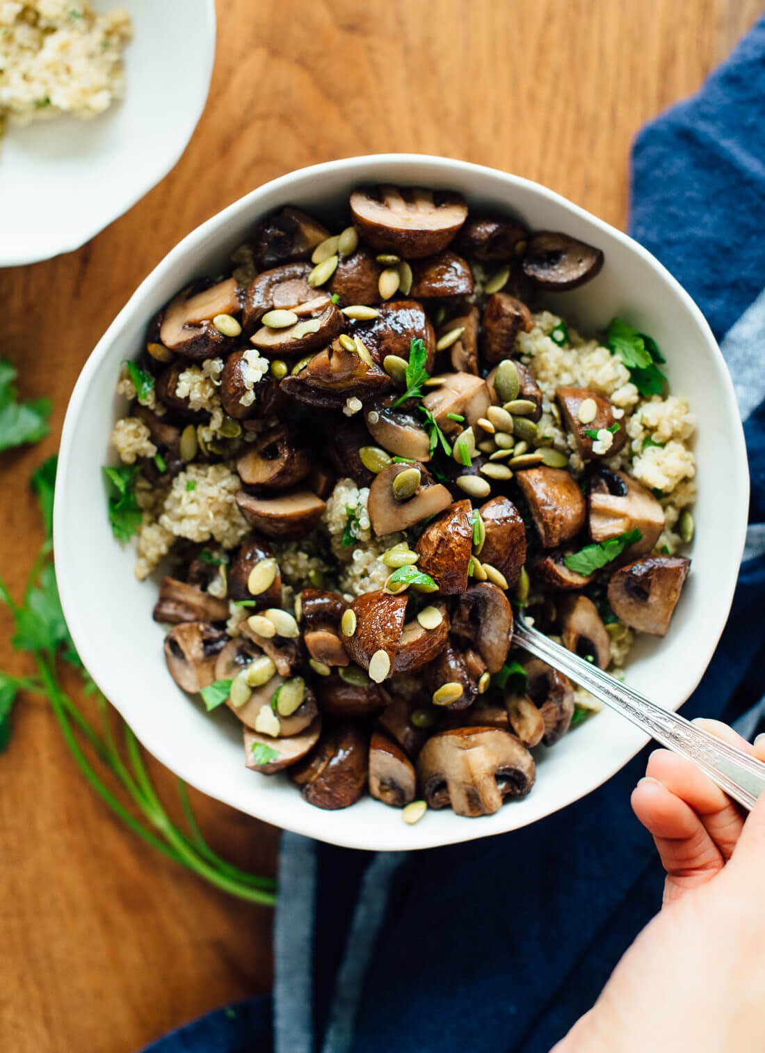 Healthy side dish or light dinner recipeโroasted mushrooms on herbed quinoa!