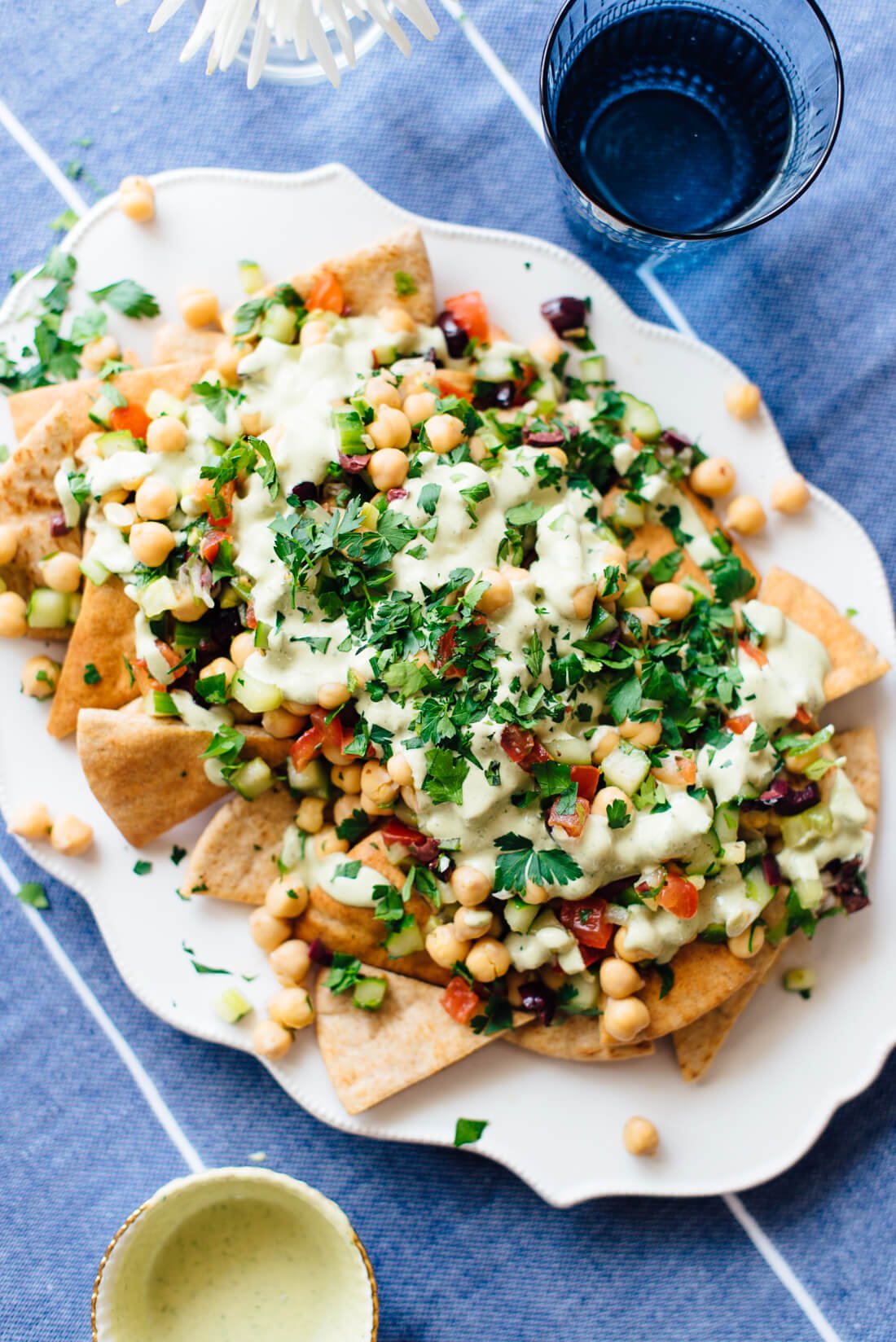 Fresh Greek Nachos with Herbed Tahini Sauce