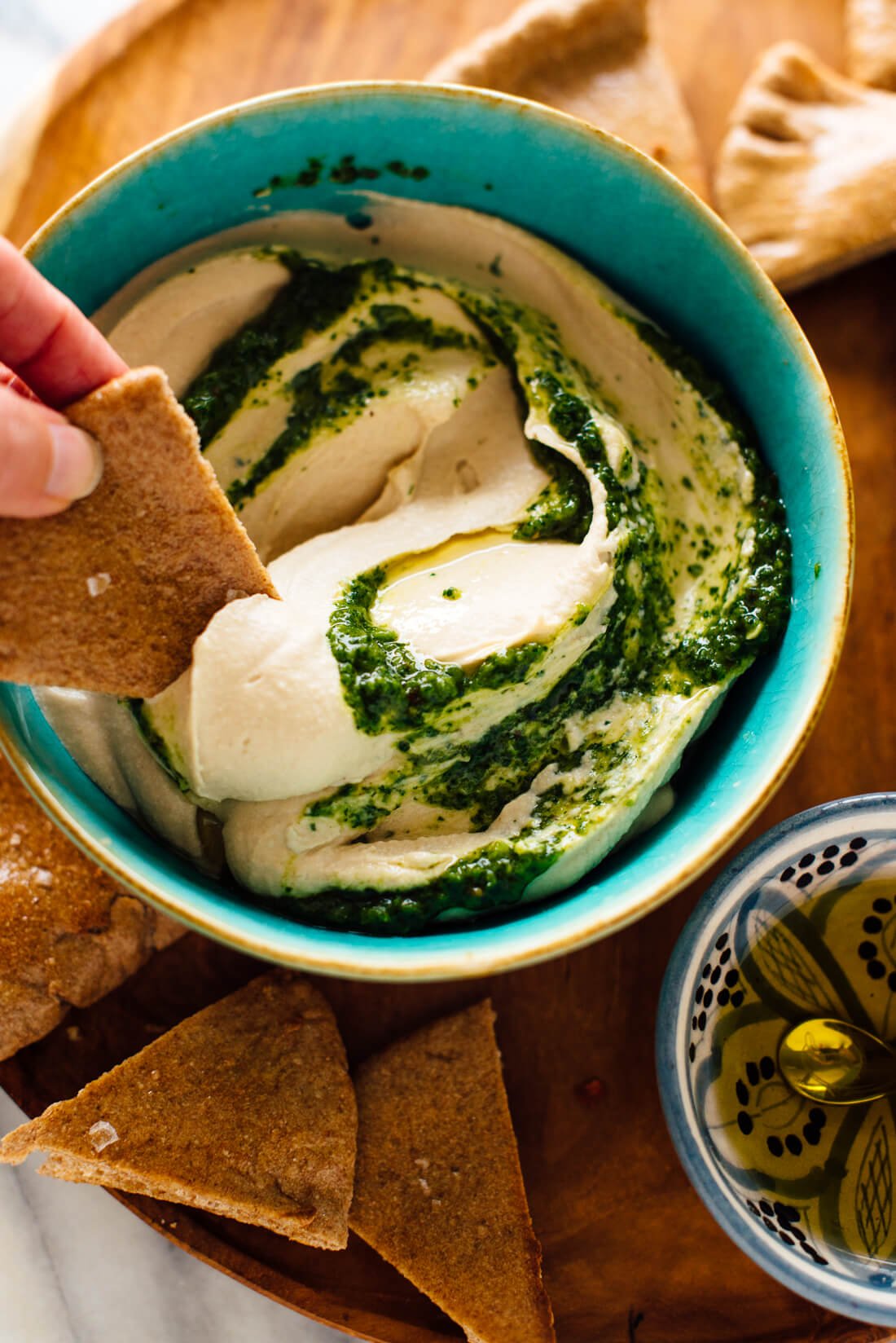 zhoug sauce on hummus