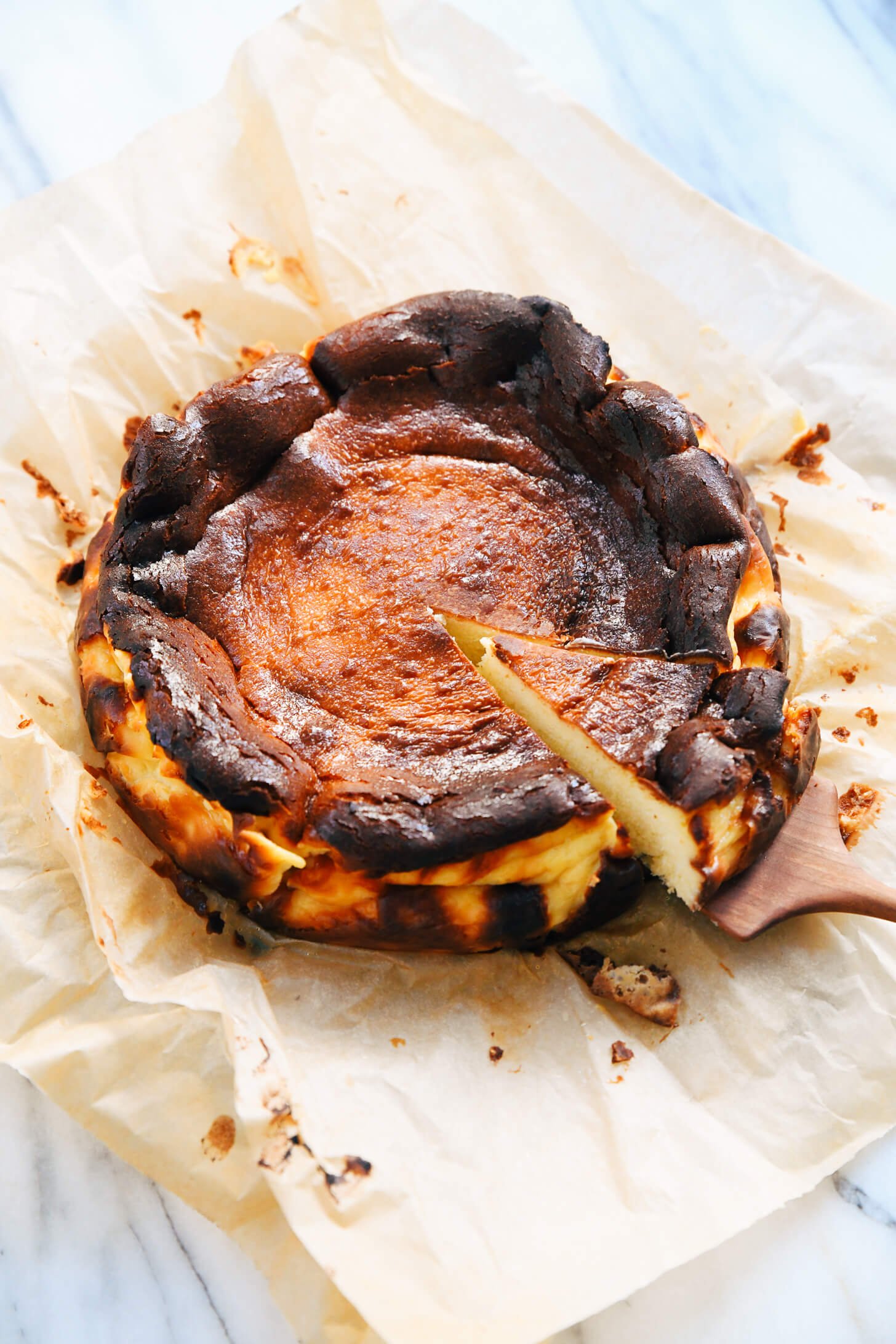 Sliced Basque cheesecake