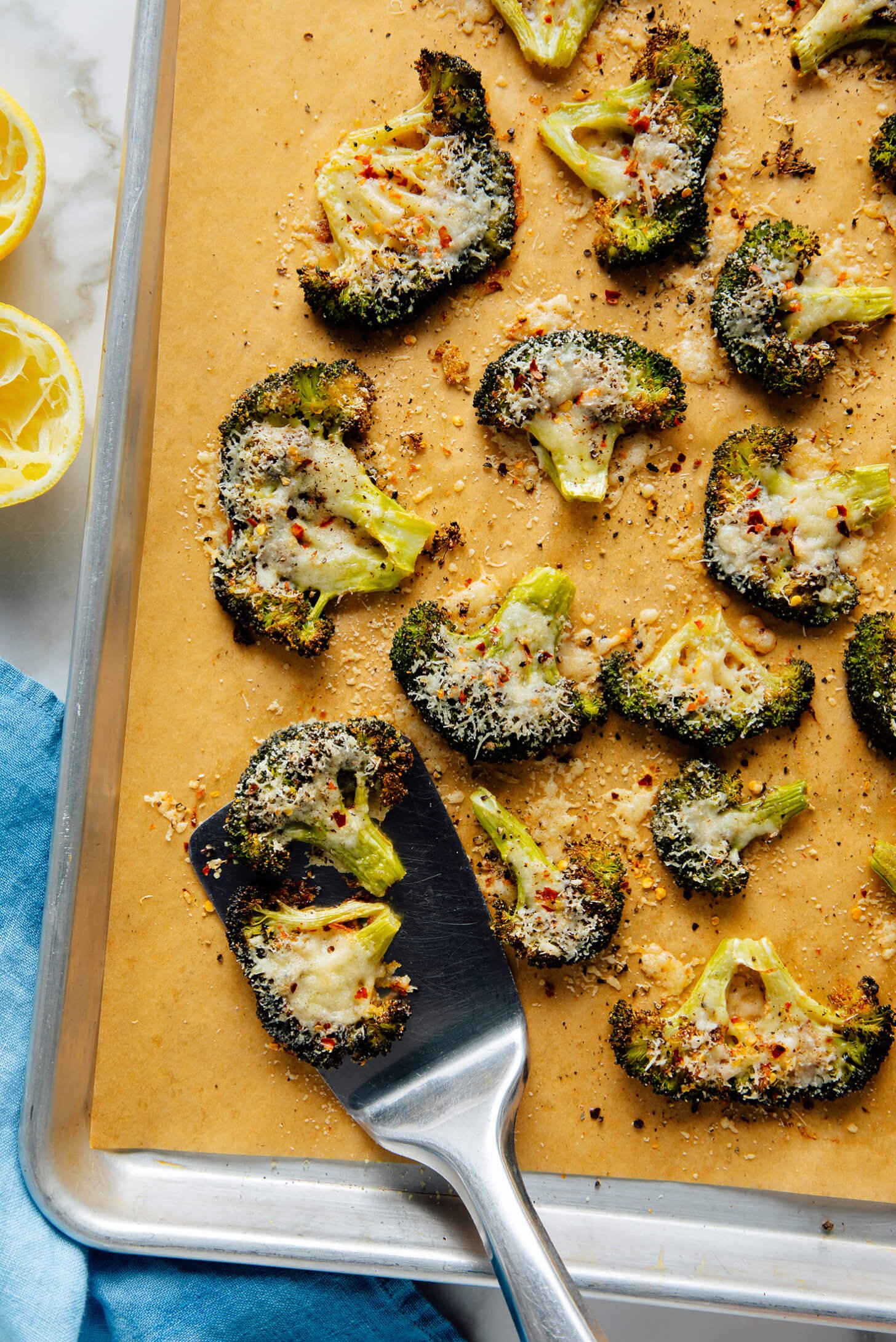 smashed broccoli on sheet pan