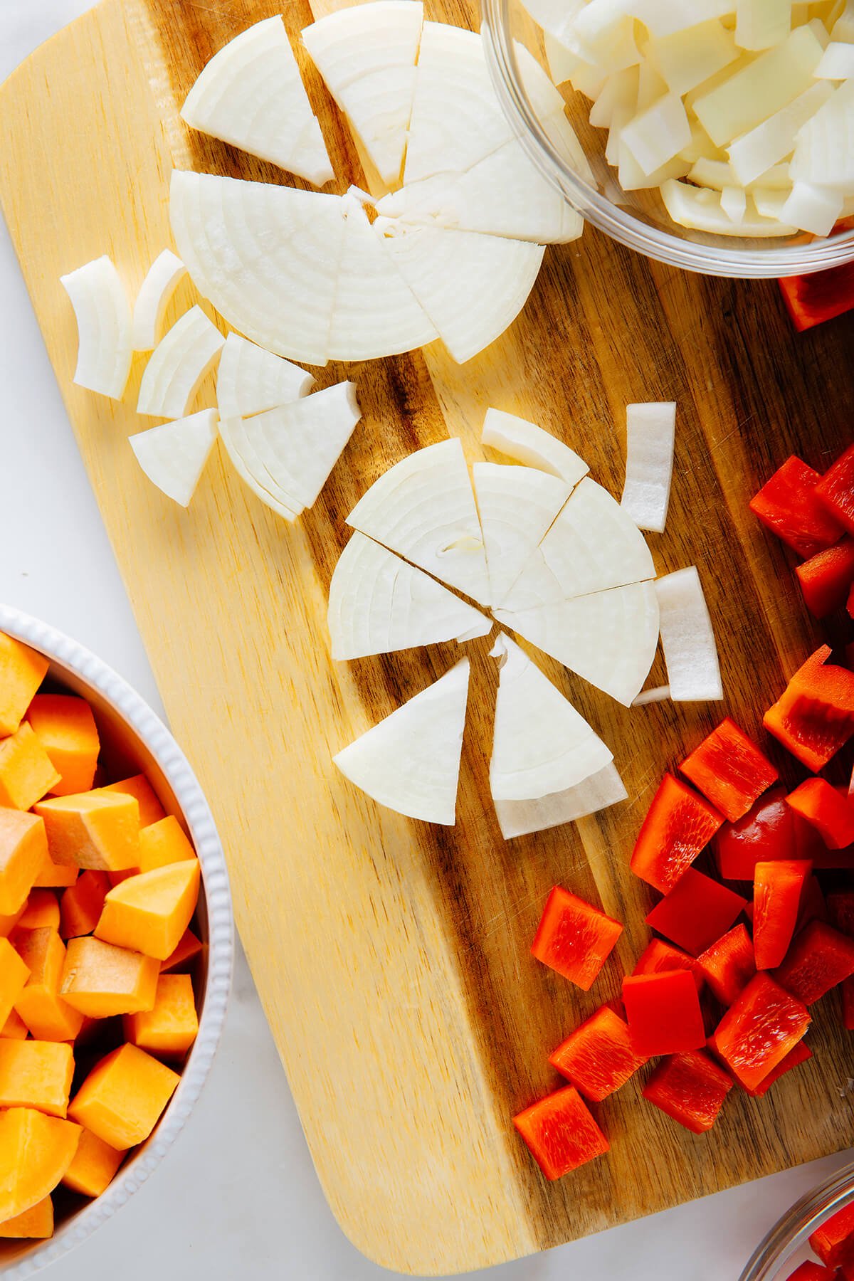 sliced onion, sweet potato and bell pepper